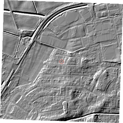 Shaded relief map of the ground around PE302EJ, computed from Environment Agency LiDAR. The ground here sits at about 3 m above sea level and falls 7 m across the surrounding 800 m. Surface water reaching this point runs off ground lying to the east-south-east, 1.4 m higher.