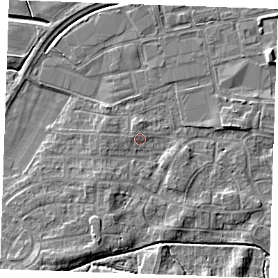 Shaded relief map of the ground around PE302EL, computed from Environment Agency LiDAR. The ground here sits at about 4 m above sea level and falls 7 m across the surrounding 800 m. Surface water reaching this point runs off ground lying to the west-north-west, 1.0 m higher.