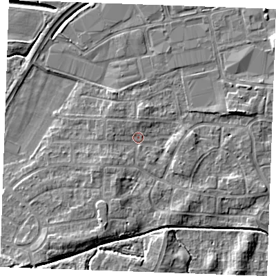 Shaded relief map of the ground around PE302EQ, computed from Environment Agency LiDAR. The ground here sits at about 3 m above sea level and falls 7 m across the surrounding 800 m. Surface water reaching this point runs off ground lying to the south-south-west, 1.8 m higher.