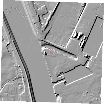 Shaded relief map of the ground around PE302ET, computed from Environment Agency LiDAR. The ground here sits at about 5 m above sea level and falls 15 m across the surrounding 800 m. The ground contributing surface water to this point lies to the south-south-west.