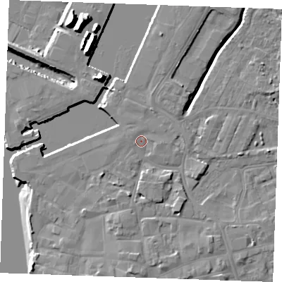 Shaded relief map of the ground around PE302EU, computed from Environment Agency LiDAR. The ground here sits at about 5 m above sea level and falls 15 m across the surrounding 800 m. Surface water reaching this point runs off ground lying to the east-south-east, 1.0 m higher.