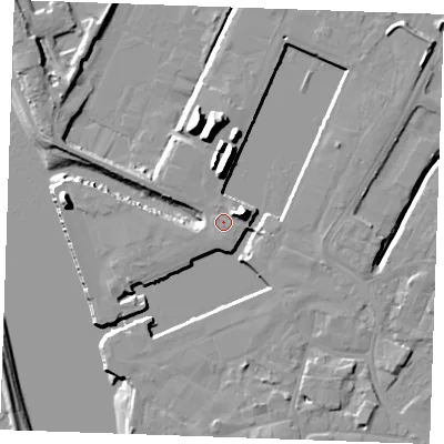 Shaded relief map of the ground around PE302EW, computed from Environment Agency LiDAR. The ground here sits at about 6 m above sea level and falls 15 m across the surrounding 800 m. Surface water reaching this point runs off ground lying to the east-north-east, 7.3 m higher.