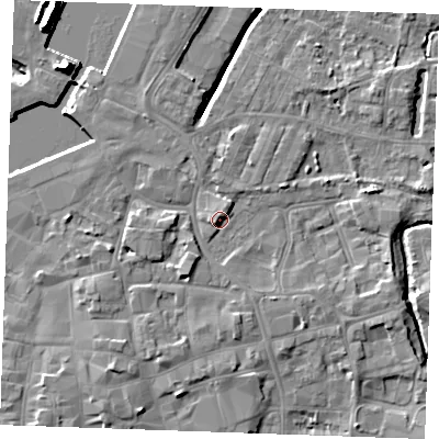 Shaded relief map of the ground around PE302FA, computed from Environment Agency LiDAR. The ground here sits at about 6 m above sea level and falls 14 m across the surrounding 800 m. Surface water reaching this point runs off ground lying to the south-west, 3.1 m higher.