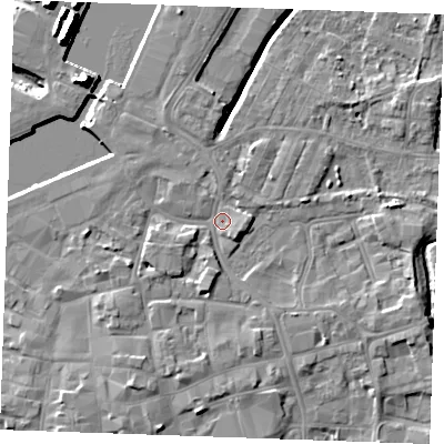 Shaded relief map of the ground around PE302FB, computed from Environment Agency LiDAR. The ground here sits at about 5 m above sea level and falls 14 m across the surrounding 800 m. Surface water reaching this point runs off ground lying to the south-south-west, 3.1 m higher.