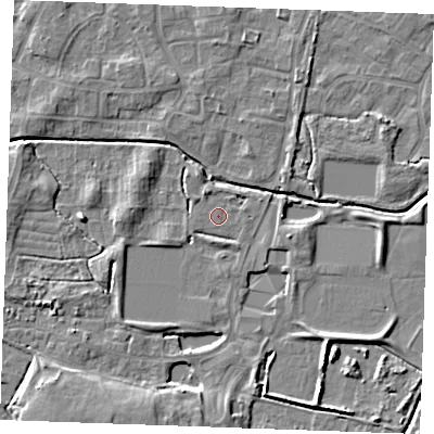 Shaded relief map of the ground around PE302FD, computed from Environment Agency LiDAR. The ground here sits at about 3 m above sea level and falls 6 m across the surrounding 800 m. Surface water reaching this point runs off ground lying to the north-north-west, 1.9 m higher.