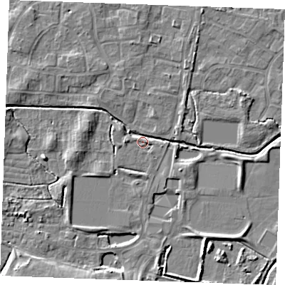 Shaded relief map of the ground around PE302FE, computed from Environment Agency LiDAR. The ground here sits at about 3 m above sea level and falls 5 m across the surrounding 800 m. Surface water reaching this point runs off ground lying to the east-north-east, 3.8 m higher.