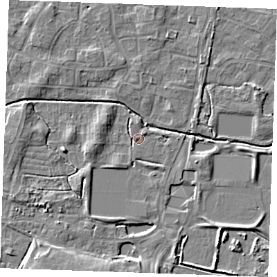 Shaded relief map of the ground around PE302FF, computed from Environment Agency LiDAR. The ground here sits at about 3 m above sea level and falls 5 m across the surrounding 800 m. Surface water reaching this point runs off ground lying to the north-east, 1.9 m higher.