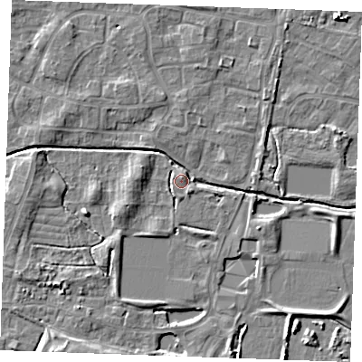 Shaded relief map of the ground around PE302FG, computed from Environment Agency LiDAR. The ground here sits at about 3 m above sea level and falls 6 m across the surrounding 800 m. Surface water reaching this point runs off ground lying to the east-north-east, 3.8 m higher.