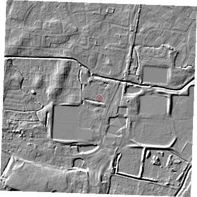 Shaded relief map of the ground around PE302FH, computed from Environment Agency LiDAR. The ground here sits at about 3 m above sea level and falls 6 m across the surrounding 800 m. Surface water reaching this point runs off ground lying to the north-north-west, 1.9 m higher.