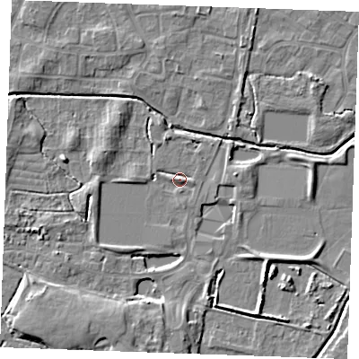 Shaded relief map of the ground around PE302FJ, computed from Environment Agency LiDAR. The ground here sits at about 4 m above sea level and falls 6 m across the surrounding 800 m. Surface water reaching this point runs off ground lying to the south-south-west, 5.6 m higher.