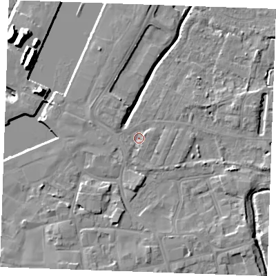Shaded relief map of the ground around PE302FL, computed from Environment Agency LiDAR. The ground here sits at about 4 m above sea level and falls 14 m across the surrounding 800 m. Surface water reaching this point runs off ground lying to the south-west, 1.8 m higher.