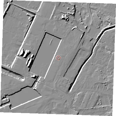 Shaded relief map of the ground around PE302HA, computed from Environment Agency LiDAR. The ground here sits at about 6 m above sea level and falls 15 m across the surrounding 800 m. Surface water reaching this point runs off ground lying to the south-east, 1.3 m higher.