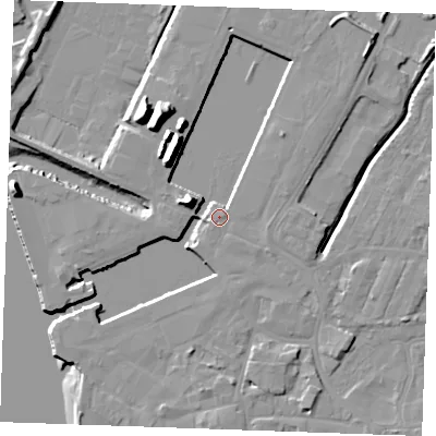 Shaded relief map of the ground around PE302HB, computed from Environment Agency LiDAR. The ground here sits at about 6 m above sea level and falls 15 m across the surrounding 800 m. Surface water reaching this point runs off ground lying to the north-west, 12.5 m higher.