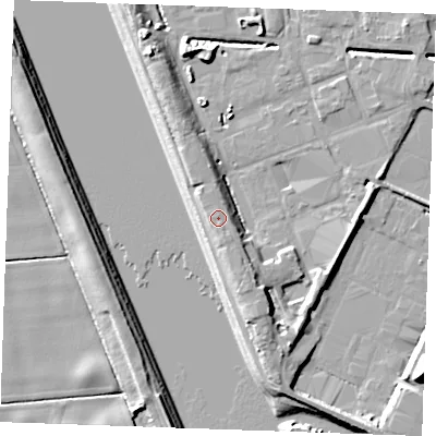 Shaded relief map of the ground around PE302HD, computed from Environment Agency LiDAR. The ground here sits at about 7 m above sea level and falls 12 m across the surrounding 800 m. Surface water reaching this point runs off ground lying to the south-south-east, 1.1 m higher.