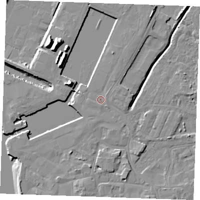 Shaded relief map of the ground around PE302HE, computed from Environment Agency LiDAR. The ground here sits at about 5 m above sea level and falls 15 m across the surrounding 800 m. Surface water reaching this point runs off ground lying to the north-north-east, 0.8 m higher.