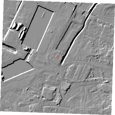 Shaded relief map of the ground around PE302HF, computed from Environment Agency LiDAR. The ground here sits at about 6 m above sea level and falls 15 m across the surrounding 800 m. Surface water reaching this point runs off ground lying to the west-north-west, 0.5 m higher.