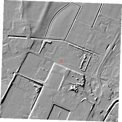 Shaded relief map of the ground around PE302HH, computed from Environment Agency LiDAR. The ground here sits at about 2 m above sea level and falls 12 m across the surrounding 800 m. Surface water reaching this point runs off ground lying to the south-south-east, 3.8 m higher.