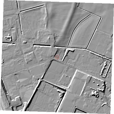 Shaded relief map of the ground around PE302HJ, computed from Environment Agency LiDAR. The ground here sits at about 3 m above sea level and falls 10 m across the surrounding 800 m. Surface water reaching this point runs off ground lying to the north-west, 2.0 m higher.