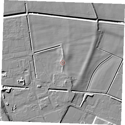 Shaded relief map of the ground around PE302HL, computed from Environment Agency LiDAR. The ground here sits at about 5 m above sea level and falls 8 m across the surrounding 800 m. Surface water reaching this point runs off ground lying to the north, 0.9 m higher.