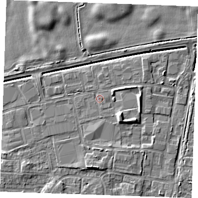 Shaded relief map of the ground around PE302HN, computed from Environment Agency LiDAR. The ground here sits at about 4 m above sea level and falls 7 m across the surrounding 800 m. Surface water reaching this point runs off ground lying to the south-east, 3.6 m higher.