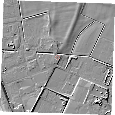 Shaded relief map of the ground around PE302HP, computed from Environment Agency LiDAR. The ground here sits at about 4 m above sea level and falls 10 m across the surrounding 800 m. Surface water reaching this point runs off ground lying to the north-north-west, 3.4 m higher.