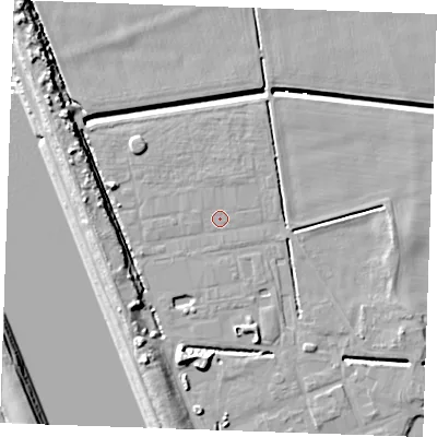 Shaded relief map of the ground around PE302HS, computed from Environment Agency LiDAR. The ground here sits at about 3 m above sea level and falls 10 m across the surrounding 800 m. Surface water reaching this point runs off ground lying to the north, 0.5 m higher.