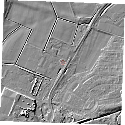 Shaded relief map of the ground around PE302HU, computed from Environment Agency LiDAR. The ground here sits at about 2 m above sea level and falls 12 m across the surrounding 800 m. Surface water reaching this point runs off ground lying to the south, 6.9 m higher.