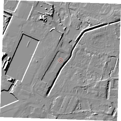 Shaded relief map of the ground around PE302HW, computed from Environment Agency LiDAR. The ground here sits at about 4 m above sea level and falls 14 m across the surrounding 800 m. Surface water reaching this point runs off ground lying to the west, 2.1 m higher.