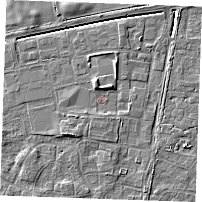 Shaded relief map of the ground around PE302HZ, computed from Environment Agency LiDAR. The ground here sits at about 4 m above sea level and falls 7 m across the surrounding 800 m. Surface water reaching this point runs off ground lying to the north-north-west, 3.8 m higher.