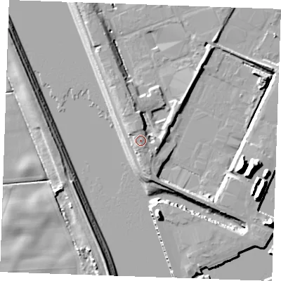 Shaded relief map of the ground around PE302JB, computed from Environment Agency LiDAR. The ground here sits at about 7 m above sea level and falls 15 m across the surrounding 800 m. Surface water reaching this point runs off ground lying to the south, 3.1 m higher.
