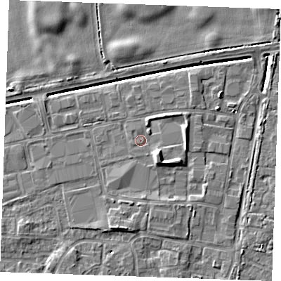 Shaded relief map of the ground around PE302JE, computed from Environment Agency LiDAR. The ground here sits at about 4 m above sea level and falls 7 m across the surrounding 800 m. Surface water reaching this point runs off ground lying to the south-east, 3.6 m higher.