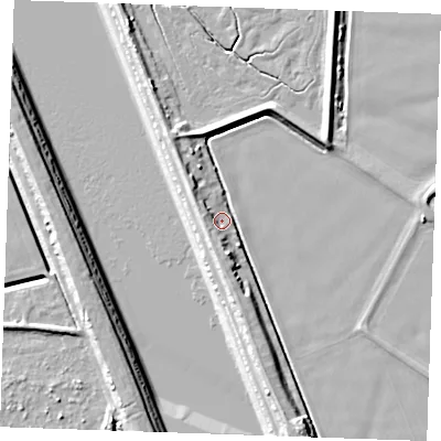 Shaded relief map of the ground around PE302JF, computed from Environment Agency LiDAR. The ground here sits at about 4 m above sea level and falls 11 m across the surrounding 800 m. Surface water reaching this point runs off ground lying to the west-north-west, 5.3 m higher.