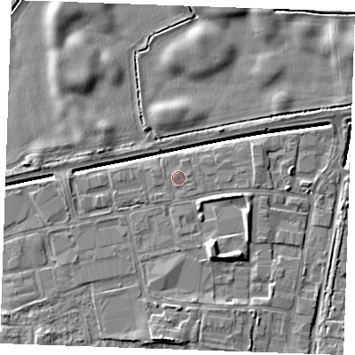 Shaded relief map of the ground around PE302JG, computed from Environment Agency LiDAR. The ground here sits at about 4 m above sea level and falls 7 m across the surrounding 800 m. Surface water reaching this point runs off ground lying to the south-south-east, 3.6 m higher.