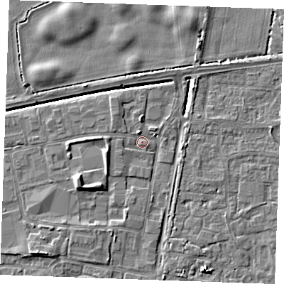 Shaded relief map of the ground around PE302JN, computed from Environment Agency LiDAR. The ground here sits at about 4 m above sea level and falls 7 m across the surrounding 800 m. Surface water reaching this point runs off ground lying to the west-south-west, 4.2 m higher.