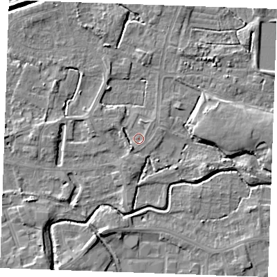 Shaded relief map of the ground around PE302LA, computed from Environment Agency LiDAR. The ground here sits at about 3 m above sea level and falls 6 m across the surrounding 800 m. Surface water reaching this point runs off ground lying to the east, 0.9 m higher.