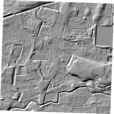 Shaded relief map of the ground around PE302LB, computed from Environment Agency LiDAR. The ground here sits at about 3 m above sea level and falls 6 m across the surrounding 800 m. Surface water reaching this point runs off ground lying to the east-south-east, 4.9 m higher.