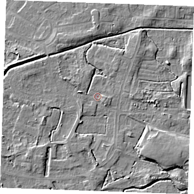Shaded relief map of the ground around PE302LD, computed from Environment Agency LiDAR. The ground here sits at about 3 m above sea level and falls 6 m across the surrounding 800 m. Surface water reaching this point runs off ground lying to the south-east, 5.0 m higher.