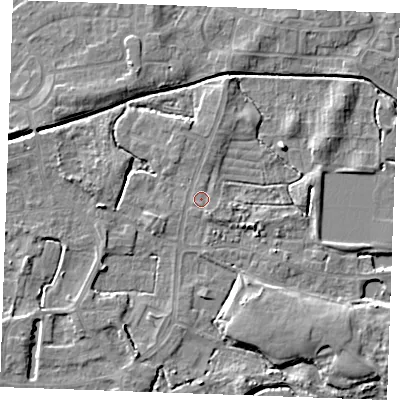 Shaded relief map of the ground around PE302LE, computed from Environment Agency LiDAR. The ground here sits at about 4 m above sea level and falls 6 m across the surrounding 800 m. Surface water reaching this point runs off ground lying to the north, 0.6 m higher.