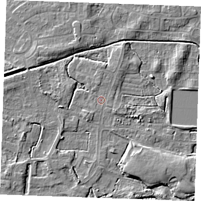 Shaded relief map of the ground around PE302LF, computed from Environment Agency LiDAR. The ground here sits at about 3 m above sea level and falls 6 m across the surrounding 800 m. Surface water reaching this point runs off ground lying to the north-north-east, 1.6 m higher.