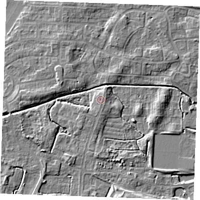 Shaded relief map of the ground around PE302LG, computed from Environment Agency LiDAR. The ground here sits at about 4 m above sea level and falls 5 m across the surrounding 800 m. Surface water reaching this point runs off ground lying to the south-south-east, 0.7 m higher.