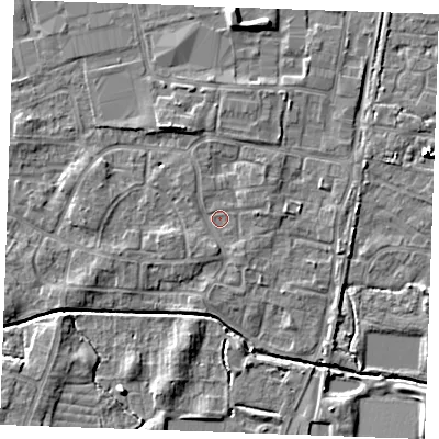 Shaded relief map of the ground around PE302LH, computed from Environment Agency LiDAR. The ground here sits at about 3 m above sea level and falls 6 m across the surrounding 800 m. Surface water reaching this point runs off ground lying to the south-west, 1.3 m higher.