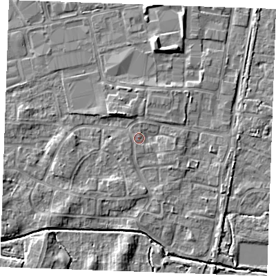 Shaded relief map of the ground around PE302LJ, computed from Environment Agency LiDAR. The ground here sits at about 4 m above sea level and falls 6 m across the surrounding 800 m. Surface water reaching this point runs off ground lying to the west-north-west, 1.2 m higher.