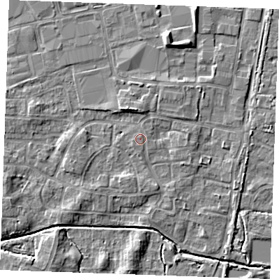 Shaded relief map of the ground around PE302LL, computed from Environment Agency LiDAR. The ground here sits at about 4 m above sea level and falls 6 m across the surrounding 800 m. The ground contributing surface water to this point lies to the south-west.