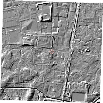 Shaded relief map of the ground around PE302LN, computed from Environment Agency LiDAR. The ground here sits at about 4 m above sea level and falls 6 m across the surrounding 800 m. Surface water reaching this point runs off ground lying to the north-north-west, 1.8 m higher.
