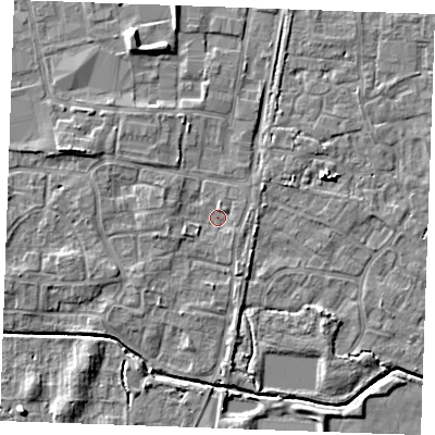 Shaded relief map of the ground around PE302LP, computed from Environment Agency LiDAR. The ground here sits at about 3 m above sea level and falls 6 m across the surrounding 800 m. Surface water reaching this point runs off ground lying to the north-west, 1.8 m higher.