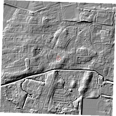 Shaded relief map of the ground around PE302LQ, computed from Environment Agency LiDAR. The ground here sits at about 3 m above sea level and falls 4 m across the surrounding 800 m. Surface water reaching this point runs off ground lying to the south-south-east, 1.4 m higher.