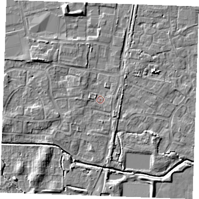 Shaded relief map of the ground around PE302LR, computed from Environment Agency LiDAR. The ground here sits at about 3 m above sea level and falls 6 m across the surrounding 800 m. Surface water reaching this point runs off ground lying to the north-north-west, 1.8 m higher.