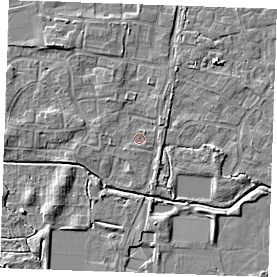 Shaded relief map of the ground around PE302LS, computed from Environment Agency LiDAR. The ground here sits at about 3 m above sea level and falls 6 m across the surrounding 800 m. Surface water reaching this point runs off ground lying to the north-east, 1.9 m higher.