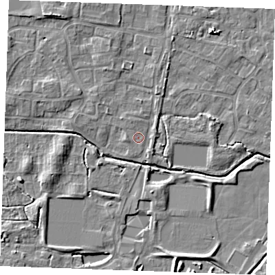 Shaded relief map of the ground around PE302LT, computed from Environment Agency LiDAR. The ground here sits at about 3 m above sea level and falls 6 m across the surrounding 800 m. Surface water reaching this point runs off ground lying to the north-north-east, 2.0 m higher.