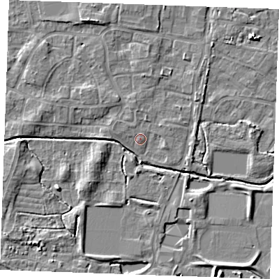 Shaded relief map of the ground around PE302LU, computed from Environment Agency LiDAR. The ground here sits at about 4 m above sea level and falls 6 m across the surrounding 800 m. Surface water reaching this point runs off ground lying to the north-west, 1.0 m higher.